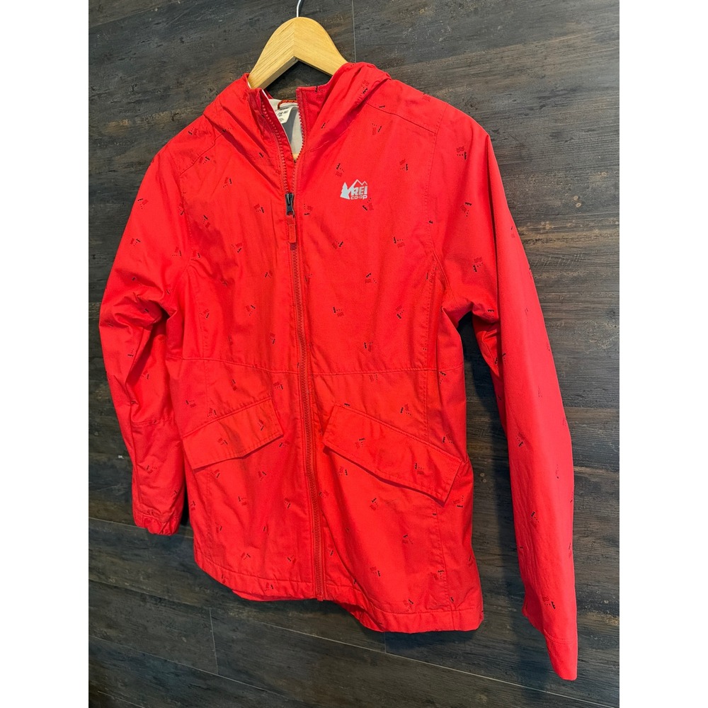 REI Co-op Girls Red Hooded Windbreaker Jacket Mountain Print‎ Size L 14-16